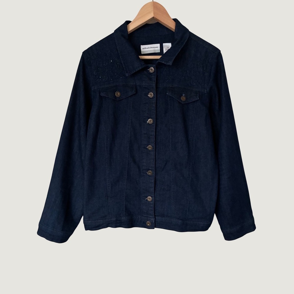 Alfred Dunner Petite Indigo Denim Jacket Embroidered Floral Beaded Blue 10P boho